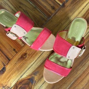 Coach Courtnee dark pink suede and tan cork wedge never worn size 10